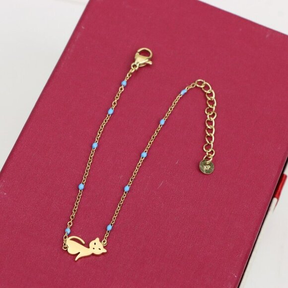 Chic Yellow Gold Cat Bracelet with Blue Beads, XPBL0622 - Picture 9 of 12